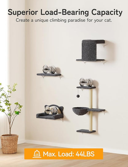 Cat Wall Shelves 5-in-1 Modern Climbing Wall Furniture Set for Cats with Scratching Posts, Cat Bed & Sofa, Space-Saving Perch for 16" Drywall, Gray
