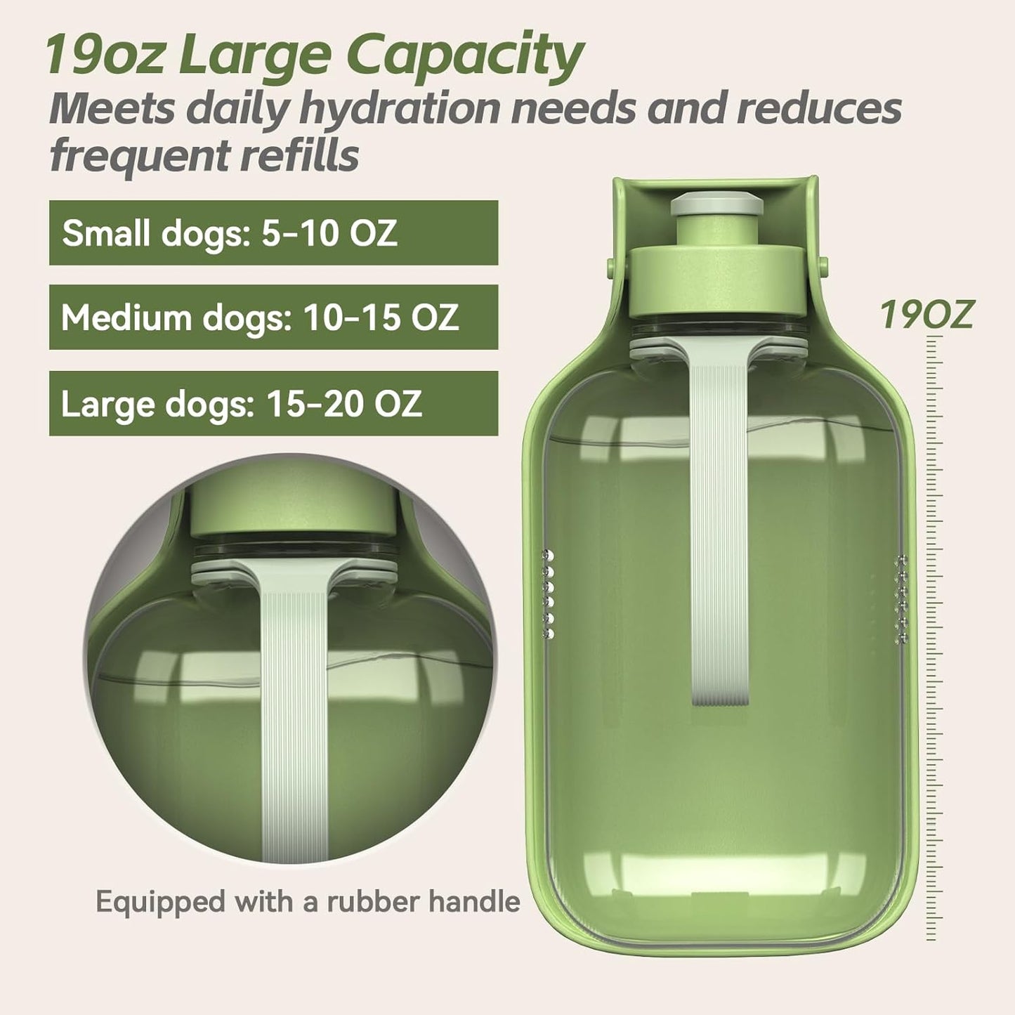 Portable Dog Water Bottle – 19 oz, Exclusive Latest Large Wide-Mouth Folding Design, Durable Handle Strap, Food-Grade Plastic, Ideal for Walking, Hiking & Outdoor Travel（Army green）