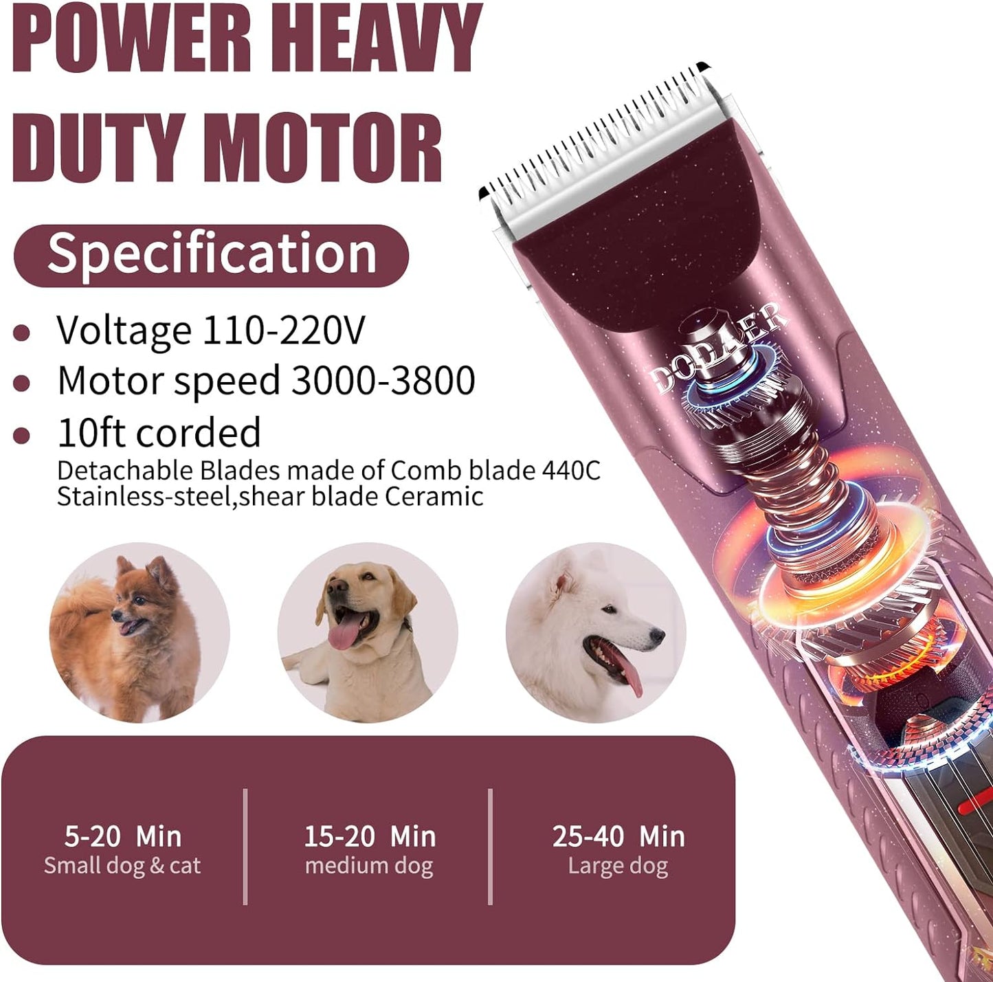 Professional Dog Grooming Electric Corded Clipper Super 2-Speed,Low Noise,Cool & Quiet Running Design for Thick Heavy Coats,Dogs,Cats and Other Animal (Brown)