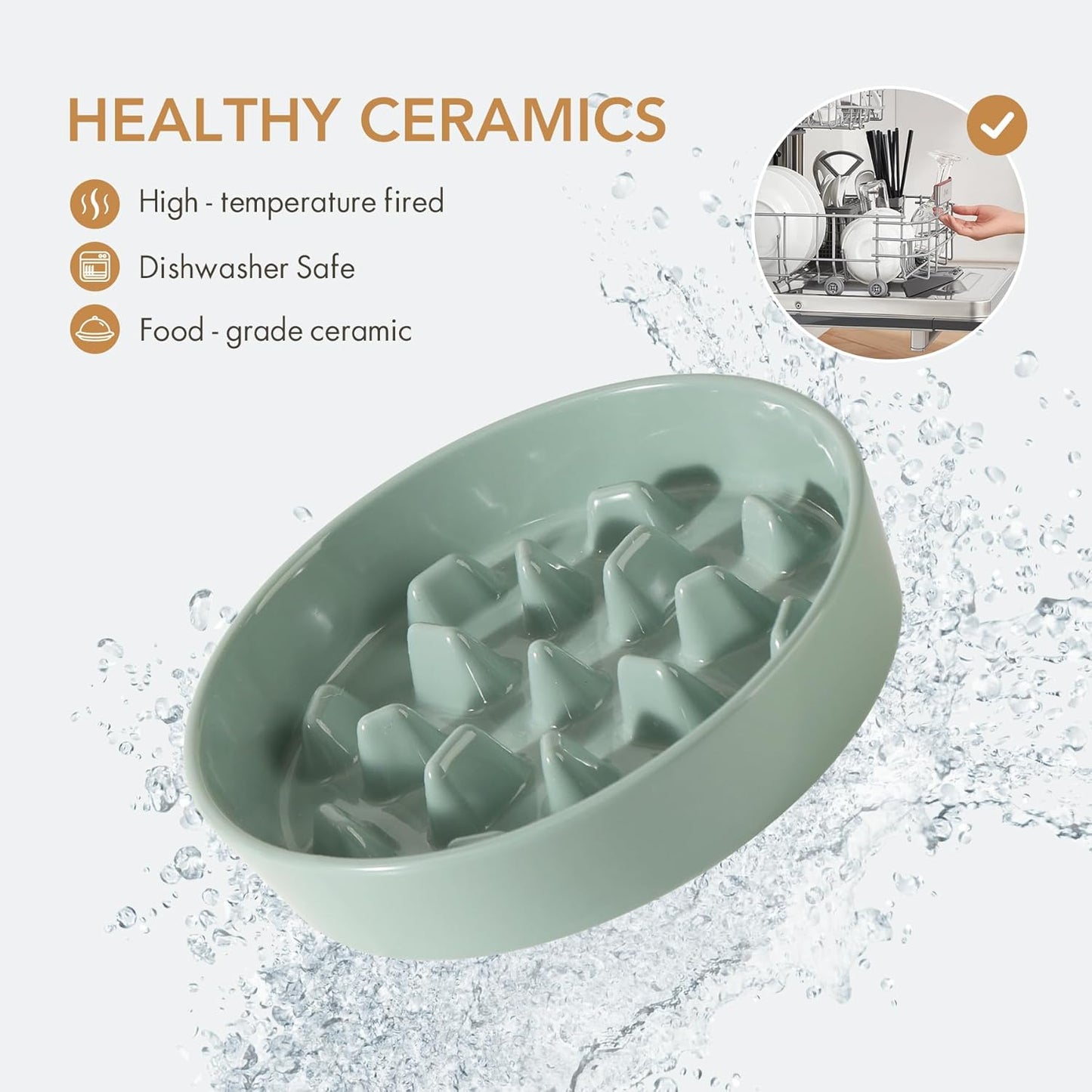 Ceramic 3.2 Cup Dog Bowl Slow Feeder, 9.5 inch Slow Pet Food Dish for Large Dog, Stop Bloat, Preventing Choking(Single Bowl,Light Green)