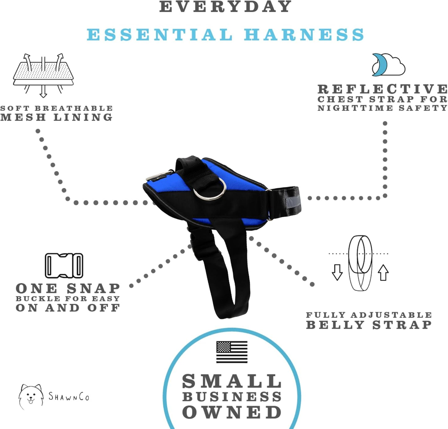 ShawnCo Essential Dog Harness, No-Pull Pet Vest with 3 Leash Clips, No Choke, Reflective, Adjustable and Padded, for Easy Walking and Training for Small, Medium and Large Dogs (Electric Blue,S)