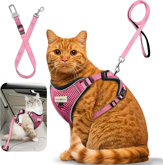 Cat Harness and Leash for Walking, Retractable Cat Harnesses and Leash Set Escape Proof, Breathable Soft Kitten Small Large Harness for Travel Training and Walking, Pink, S