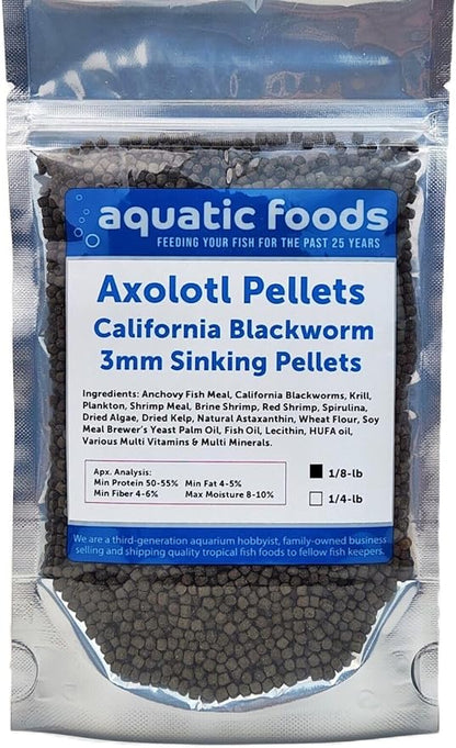 Aquatic Foods Inc. Axolotl Blackworm Pellets. 3mm-1/8 Sinking California Blackworm Medium Pellets for Medium/Large Axolotl, Frogs, Shrimp, Salamanders, Newts, Snails…1/8-lb Pouch Bag