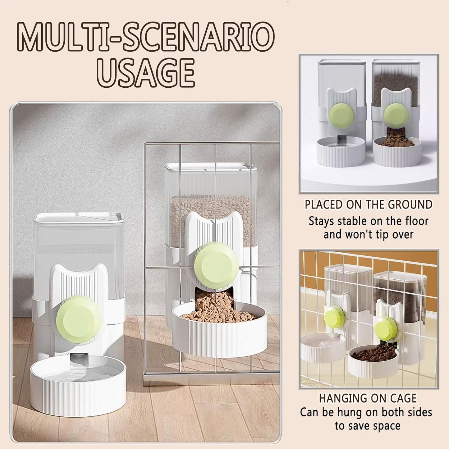 kathson Hanging Automatic Pet Food and Water Dispenser,Gravity Auto Rabbit Feeder for Cage,Guinea Pig Feeder and Waterer Set,Cat Food Bowl Dog Feeding Station for Bunny,Ferret,Chinchilla (Green)