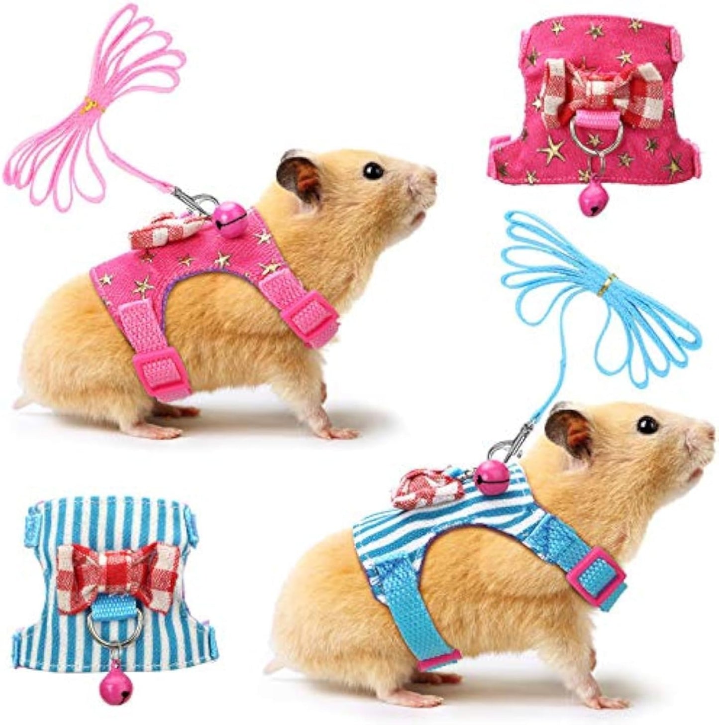 SATINIOR 2 Pieces Small Hamster Harness and Leash Set, Ferret Guinea Pig Clothes with Bowknot and Bell Decor, No Pulling Comfort Padded Vest Striped for Rats Bunny Rabbit Small Animals(S,Blue, Pink)