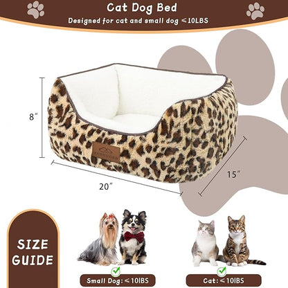 Rectangle Cat Dog Bed for Large Medium Small Pets Indoor Outdoor Machine Washable Sleeping Sofa Non-Slip Bottom Soft Puppy Bed Durable Orthopedic Calming Pet Cuddler (Small, Leopard)