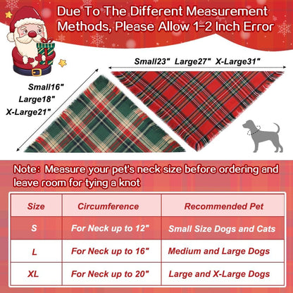 Vivifying Dog Christmas Bandana with Tassels Edges, 2 Pack Classic Plaid Triangle Pet Apparel & Accessories, Funny Holiday Dog Scarf Costume for Photo Prop, and Party Decor (Small, Red&Green)