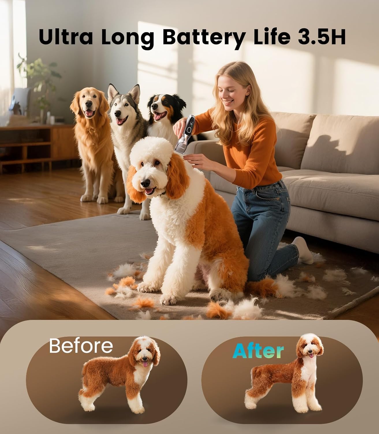 oneisall Dog Clippers for Grooming Thick Hair, Low Noise Cordless Dog Shavers, 2-Speed Pet Hair Trimmer Grooming Kit for Home Groomer