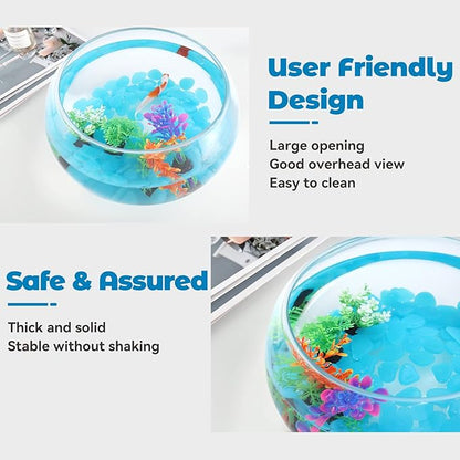 1 Gallon Glass Fish Bowl with Decor, Include Fluorescent Rocks & Colorful Plastic Trees, High White Glass for Clear View, Small Fish Bowl/Aquarium for Betta/Goldfish, Nice Home Décor