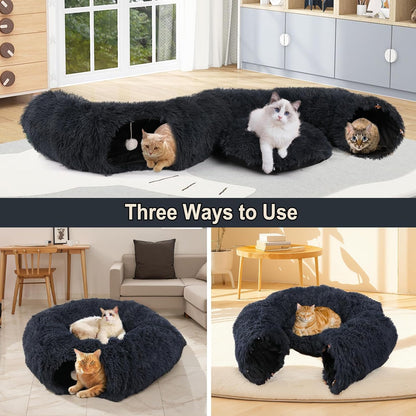 Cute Donut Cat Tunnel, Large Foldable Fluffy Tunnel with Washable Pads and Toy Balls for Indoor Cats