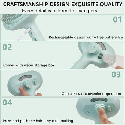 Pet Steam Brush for Cat & Dog – 4-in-1 De-Shedding, Steam Spray, and Self-Cleaning Grooming Tool – Ideal for Long and Short-Haired Pets– Includes 2 Bottles of 120 mL Waterless Shampoo(Green)