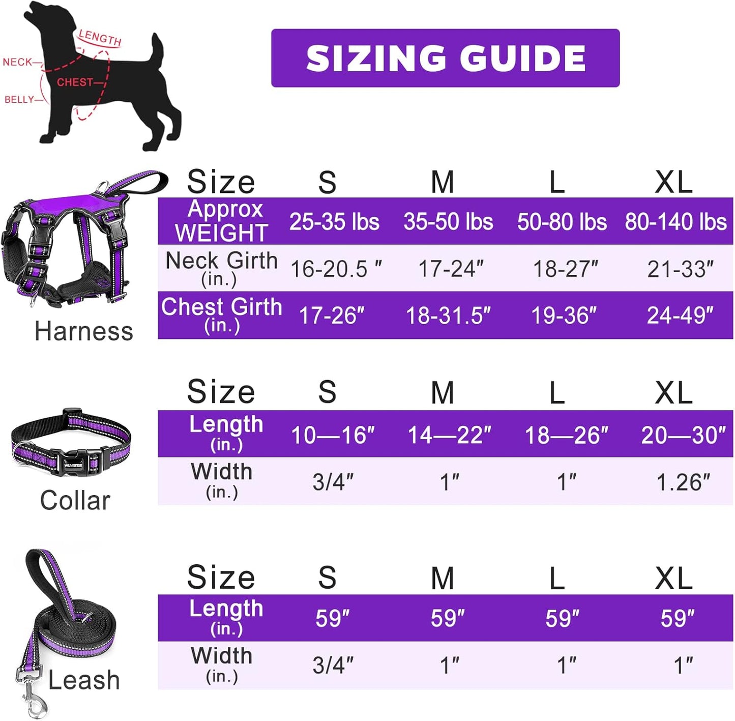 WINSEE Pet Harness Collar and Leash Set, All-in-one Reflective Dog Harness No Pull with Adjustable Buckles for Puppies, Small, Medium, Large, and Extra-Large Dogs (Small, Purple)