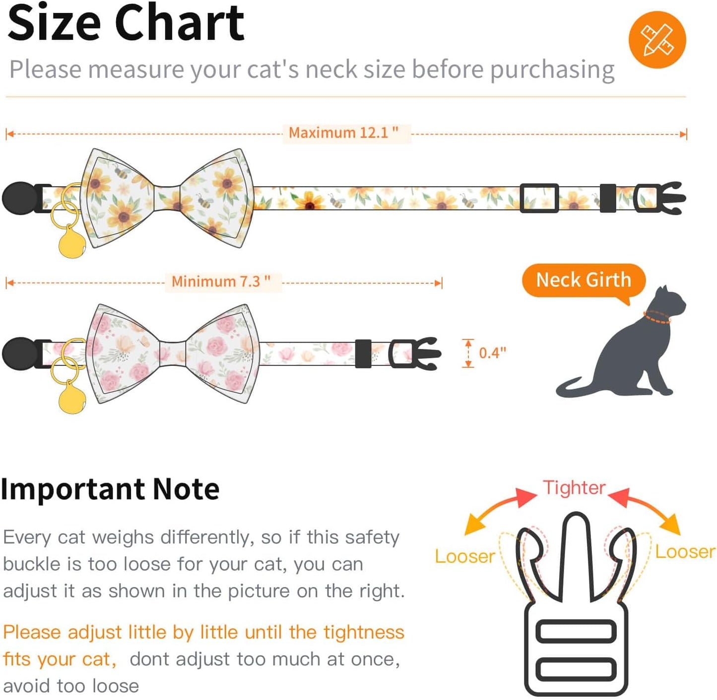 2 Pack Cotton Cat Collar with Bow Tie and Bell for Girl Boy Cats,Cute Pink Flower and Yellow Sunflower Pattern Spring Summer Breakaway Cat Collar for Male Female Cats (Flower&Sunflower)