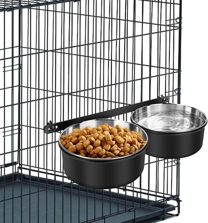 Yummy Sam Hanging Pet Dog Food Water Bowl for Cage, Stainless Steel Non-Spill Kennel Hanging Cats Pets Bowls with Clamp Holder Crate Feeder Dish for Medium Large Dogs Pets (Black)