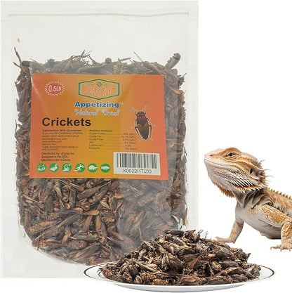 Amzey Appetizing Mealworms Natural Dried Crickets - Food for Bearded Dragons, Wild Birds, Chickens, Fish - (8 oz Resealable Bag) - Veterinary Certified