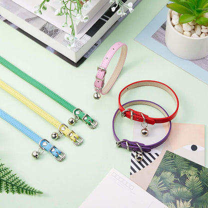 Weewooday 6 Pieces Leather Cat Collar with Bell Cute Pet Leather Kitten Collar for Boy Girl Cats with Safety Elastic Strap for Small Kitten Puppy(Bright Color)