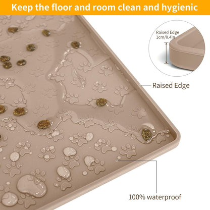 Ptlom Dog Food Mat Anti-Slip Bowl Mats for Food and Water, Waterproof Pet Placemat with High Raised Edges, Silicone Puppy Feeding Tray for Small, Medium Large Dogs Cats, Taupe, 31.5" 23.6"