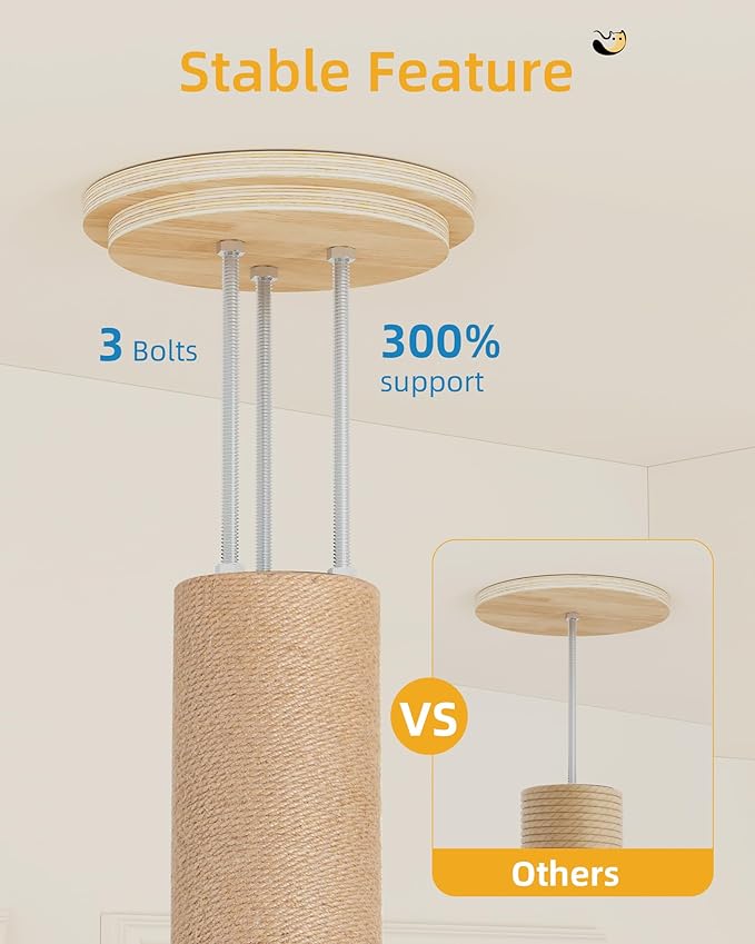 Tall Floor to Ceiling Cat Tree for Large Cats, Cat Tower with Scratching Post, Adjustable Height(82-122 in), Large Condo Cave Bed and Hammock for Indoor Cats, Cat Climbing Pole, Wood