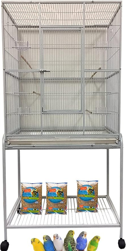 54-Inch Large Wrought Iron Metal Bird Flight Breeder Cage Tight 1/2-Inch Bar Spacing with Side Breeding Nesting Box Doors with Removable Rolling Stand