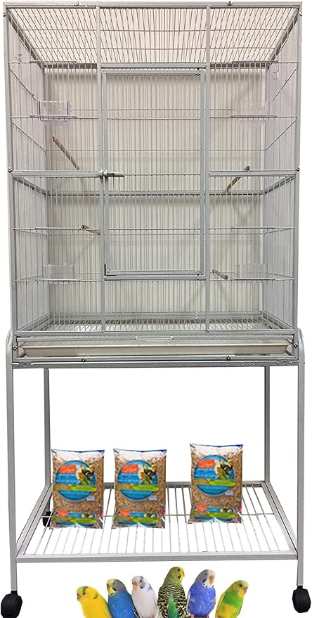 54-Inch Large Wrought Iron Metal Bird Flight Breeder Cage Tight 1/2-Inch Bar Spacing with Side Breeding Nesting Box Doors with Removable Rolling Stand