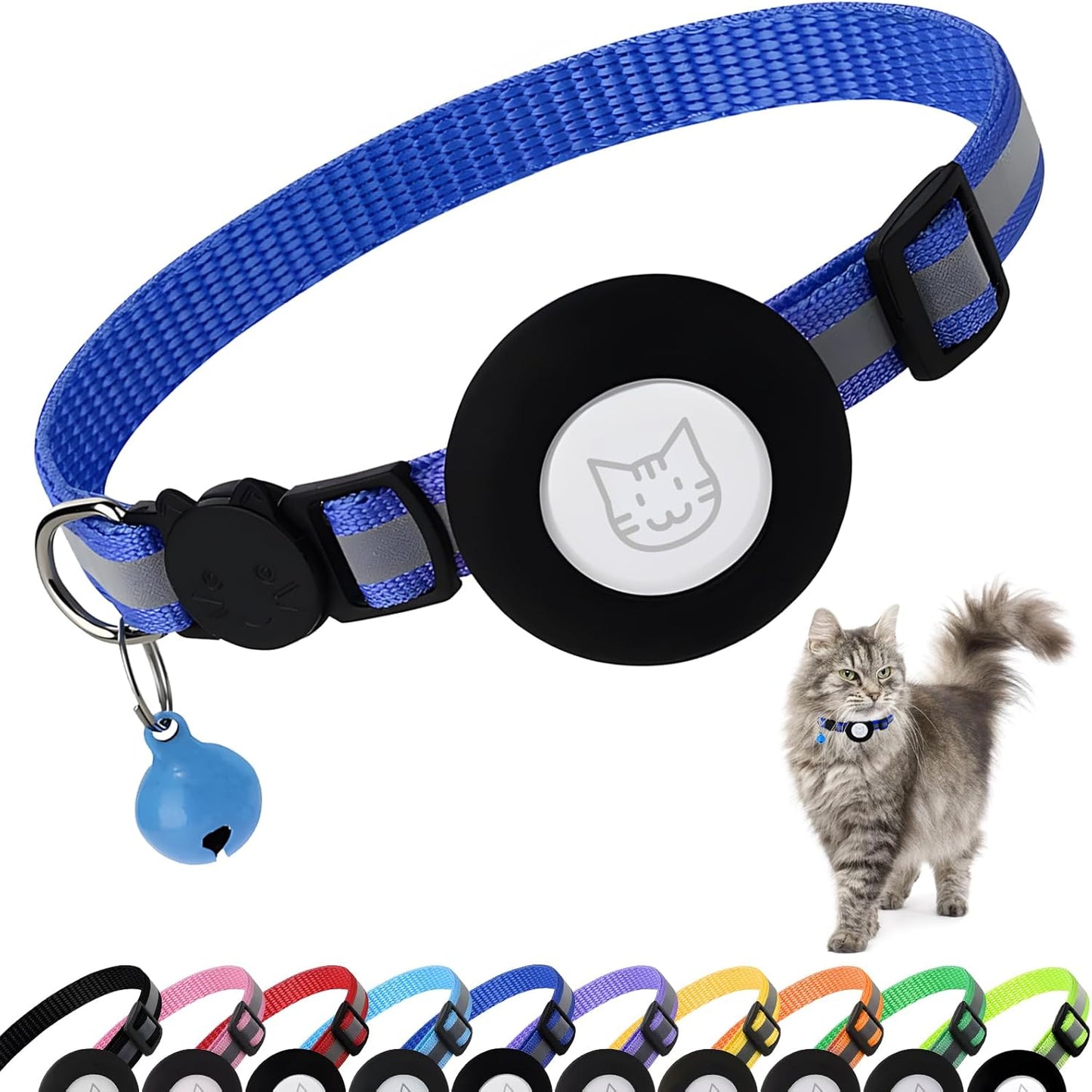 Airtag Cat Collar with Bell, Reflective Nylon Kitten Collar with Apple Air Tag Holder and Breakaway Safety Buckle for Puppy Girl Boy Cats, 3/8" in Width and Lightweight, Dark Blue