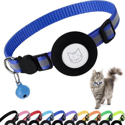 Airtag Cat Collar with Bell, Reflective Nylon Kitten Collar with Apple Air Tag Holder and Breakaway Safety Buckle for Puppy Girl Boy Cats, 3/8" in Width and Lightweight, Dark Blue