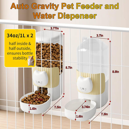Rabbit Automatic Food Feeder and Water Dispenser Bunny Gravity Feeding Station Waterer Set Hanging Self-Dispensing Feeder for Ferret,Guinea Pigs Chinchillas Hedgehog (Yellow)