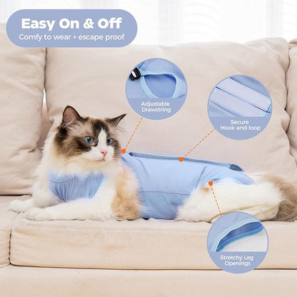 Avont Cat Recovery Suit Post-Surgery Onesie, Breathable Cone-of-Shame Alternative Bodysuit for Spayed Female Kittens, Skin Abdonminal Wound Care -Blue(L)