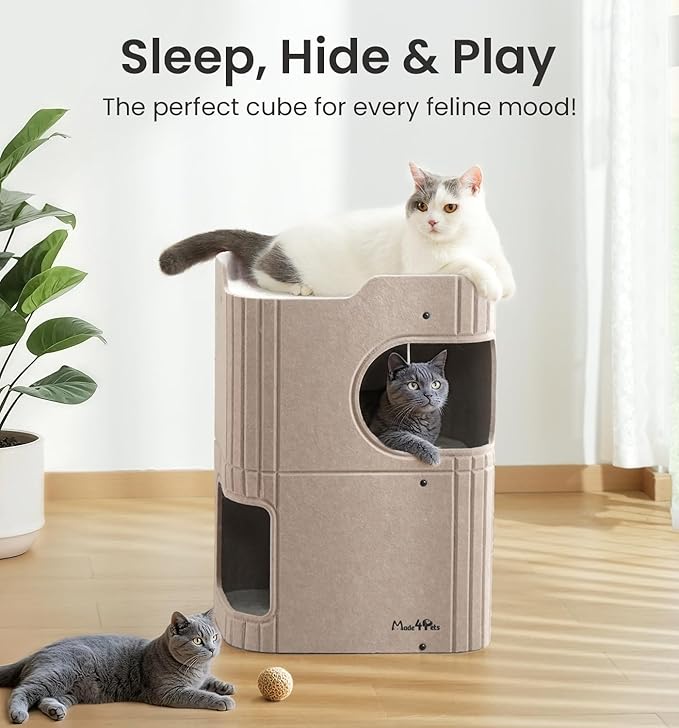 Made4Pets Cat House for Indoor Use, 2-Storey Cube Bed Cave, Covered Hideaway Condo with Scratch-Resistant Felt, Foldable Easy-to-Clean Design for Multi-Cat Homes, Beige