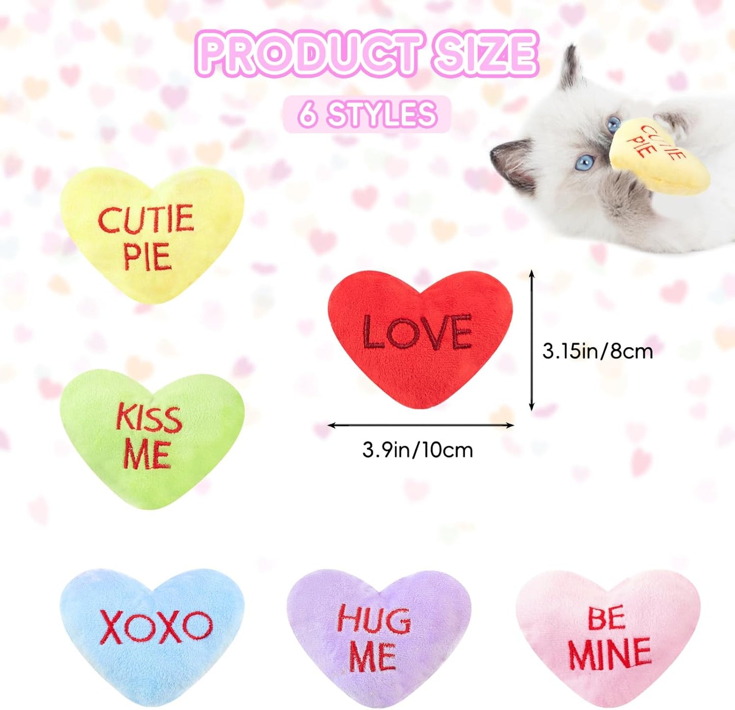 6pcs Valentine's Day Heart Catnip Toy，Valentines Indoor Heart Shaped Cat Toy Plush Interactive Chew Bite Toys for Cat Kitten Indoor Festive Holiday Cat Lover Gift