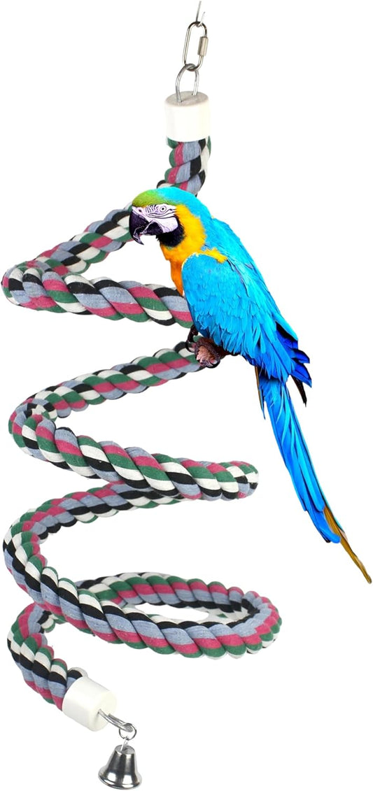 65 inch Length Colorful Cotton Bendable Rope Perch Swing Bird Chew Toys Amazon Parrots Cage Toys with Bell Swing Climbing Standing Bungee Bird Toys for Large to Regular Birds