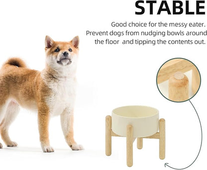 Ceramic 6.1inch Raised Dog Bowl with Stand for Small and Medium Dog Dish Pet Food and Water Bowl (Single Bowl with Stand - Beige)