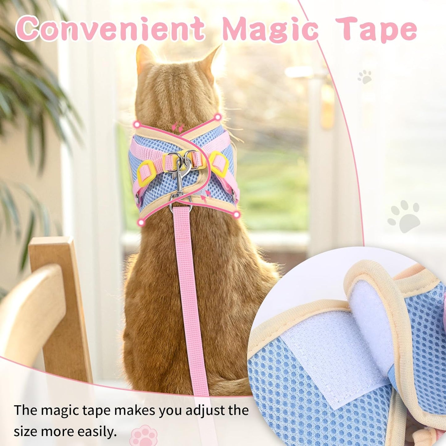 Cat Harness and Leash Set for Walking Escape Proof, Adjustable Kitten Harness Breathable Mesh with Reflective Strips Harness with Flower for Kitty Puppy Bunny Pink L