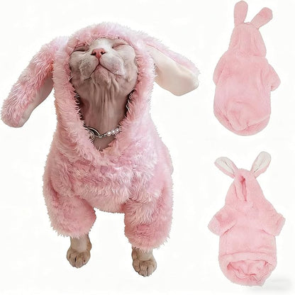 Stretchy Fuzzy 2-Leg Cat Hoodie Pajamas for Sphynx,Soft Fluffy Loungewear with Bunny Ears, Cozy Home Clothes for Hairless Cats, Winter Warm Outfit Sweater (Pink, XL (8-11 lbs))