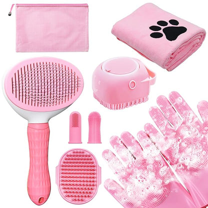 Dog Grooming Kit for Shedding – 8-Piece Pet Grooming Supplies with Deshedding Brush, Bath Gloves, Towels & Silicone Toothbrush | Ideal for Dogs, Cats, Small and Large Pets (Pink)