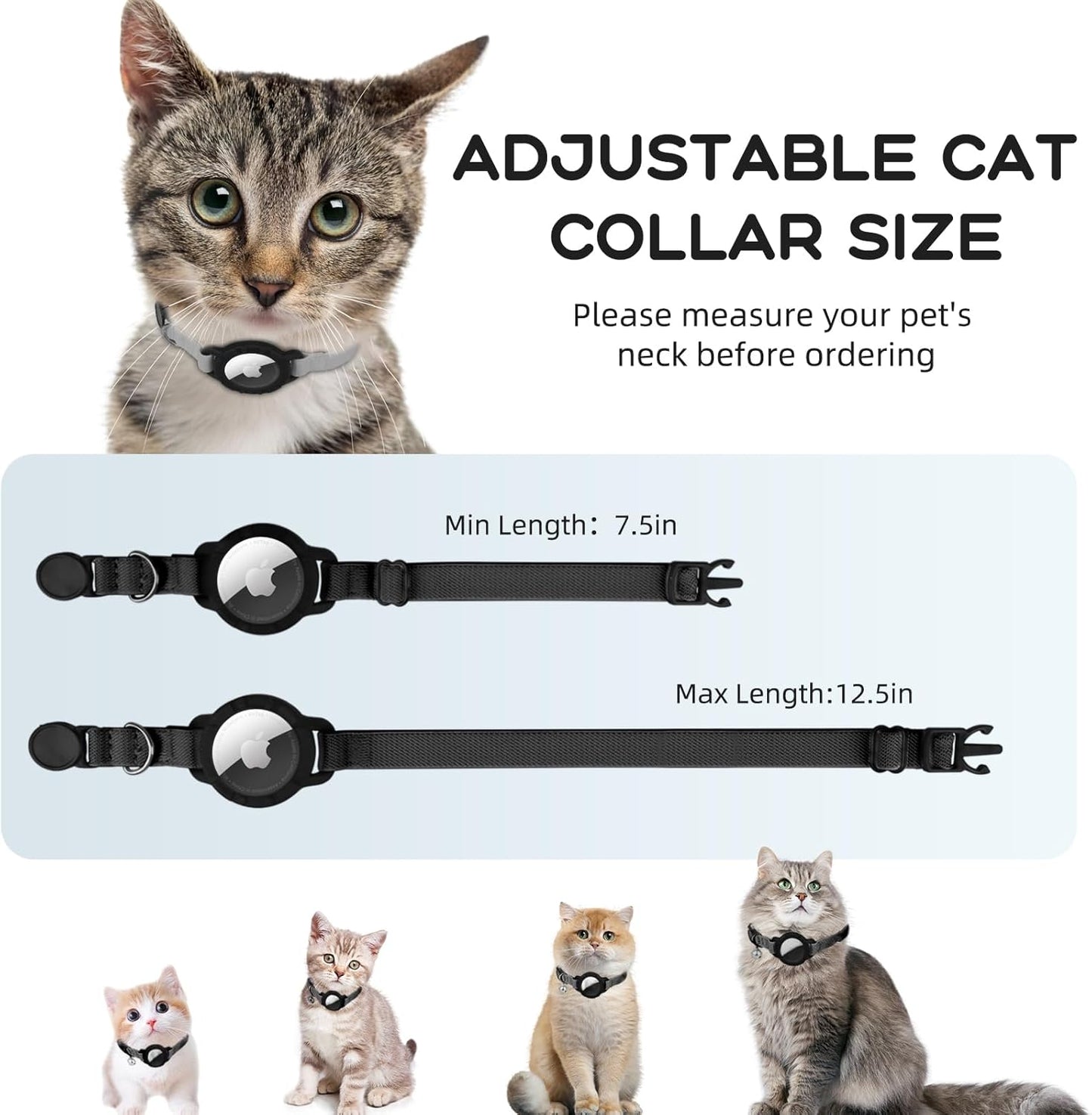 AirTag Cat Collars, Stretchy Collar with Apple AirTag Holder and Bell, Breakaway Ultra Design Elastic GPS Tracking Collars for Cats and Puppies, (7.5-12.5 Inch), Black