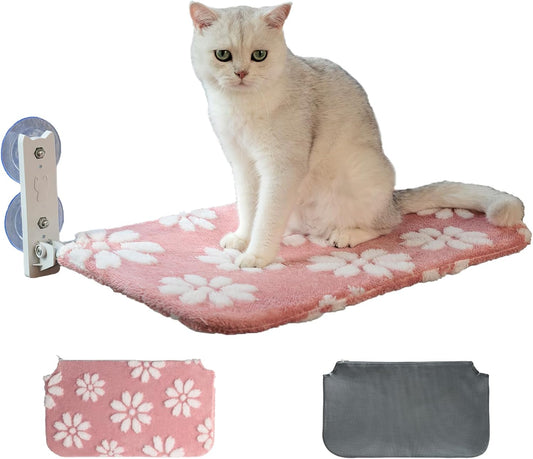 Cat Window Perch, Foldable Cat Window Hammock with Cute 3D Textured Flower Cover, Breathable Mesh Cover and Strong Suction Cups, Cordless Window Seat Bed for Indoor Cats (Pink, Medium)