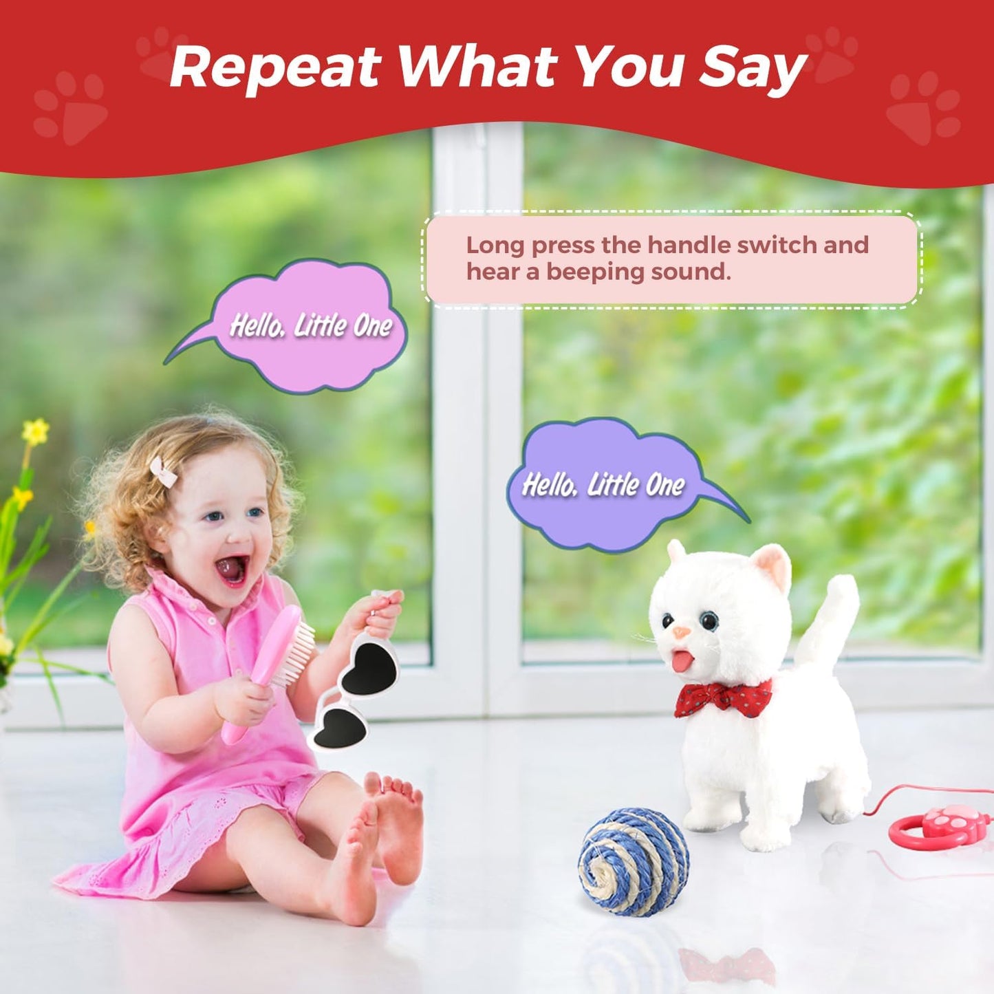 White Leash Walking Cat Set Toy Interactive Talking Cat Singing Dancing Kitten Mimicking Repeat What You Say Kitty Touch and Voice Control Nodding Wagging Tail Plush Electric Robot for Kid Girl