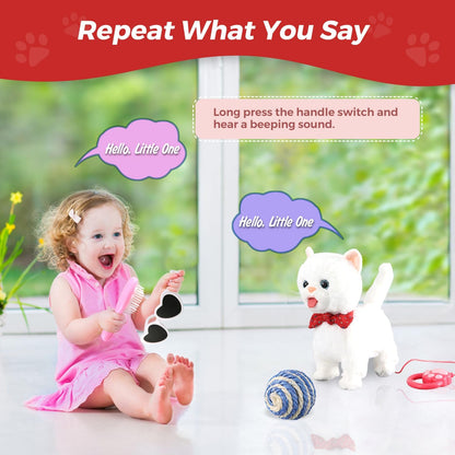 White Leash Walking Cat Set Toy Interactive Talking Cat Singing Dancing Kitten Mimicking Repeat What You Say Kitty Touch and Voice Control Nodding Wagging Tail Plush Electric Robot for Kid Girl