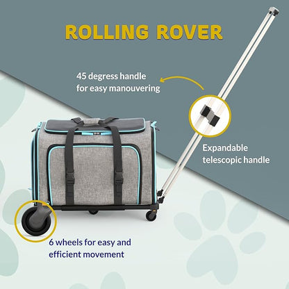 Katziela Rolling Rover Airline Compliant Expandable Premium Pet Carrier 6-Wheeled Baseboard Telescopic Handle Two-Sided Expandable Rolling Carrier Designed (Gray- Blue Piping)