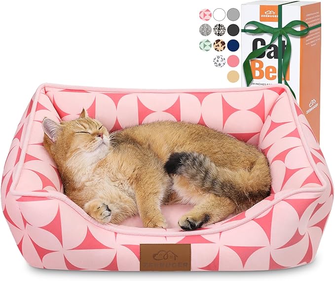 Rectangle Cat Dog Bed for Large Medium Small Pets Indoor Outdoor Machine Washable Sleeping Sofa Non-Slip Bottom Soft Puppy Bed Durable Orthopedic Calming Pet Cuddler (Small, Pink Pattern)