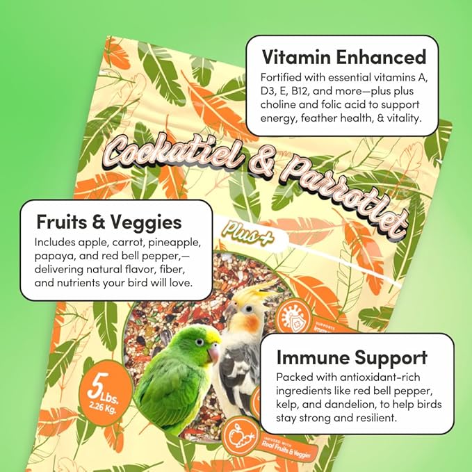 Mycelium Cockatiel & Parrotlet Plus Bird Seed (5 LB Bag) | Organic Pet Bird Food w/Fruits, Veggies & Pellets | Vitamin-Enriched Complete Daily Blend | Non-GMO, No Fillers, Made in USA