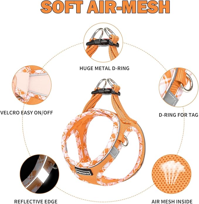 Mercano Soft Mesh Dog Harness and Leash Set, No-Chock Step-in Reflective Breathable Lightweight Easy Walk Vest Harnesses with Safety Buckle for Small Dogs, Cats (Orange, M)
