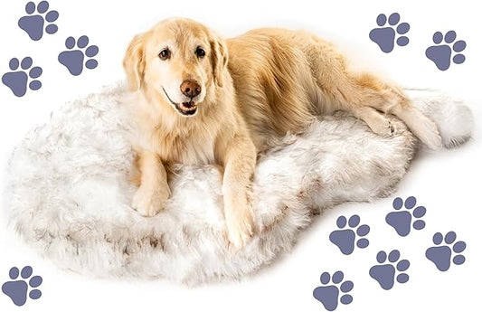 PAW BRANDS PupRug Orthopedic Dog Bed for Large Dogs with Fluffy Soft Faux Fur and Memory Foam for Joint Pain Relief, Machine Washable and Waterproof Couch Bed, White with Brown Accents, Large/XL