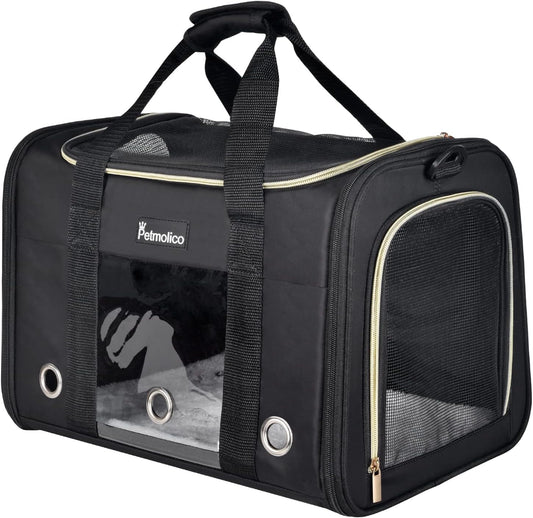 Petmolico Cat Carrier Soft-Sided Pet Bag for Small Medium Cats Puppies 16LBs - Airline Approved Pet Travel Carrier 3 Open Doors (Medium,Black)