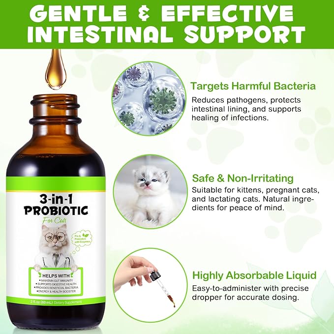 3-in-1 Probiotics for Cats with Digestive Enzymes & Prebiotics, Cats Probiotics Supplement Help Digestive Support Gut Health, Sutiable for All Ages, 60ml