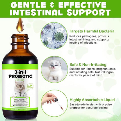 3-in-1 Probiotics for Cats with Digestive Enzymes & Prebiotics, Cats Probiotics Supplement Help Digestive Support Gut Health, Sutiable for All Ages, 60ml