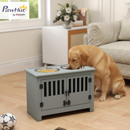 PawHut Large Elevated Dog Bowls with Storage Cabinet - 37L Capacity, Raised Dog Bowl Stand Feeding Station, Gray