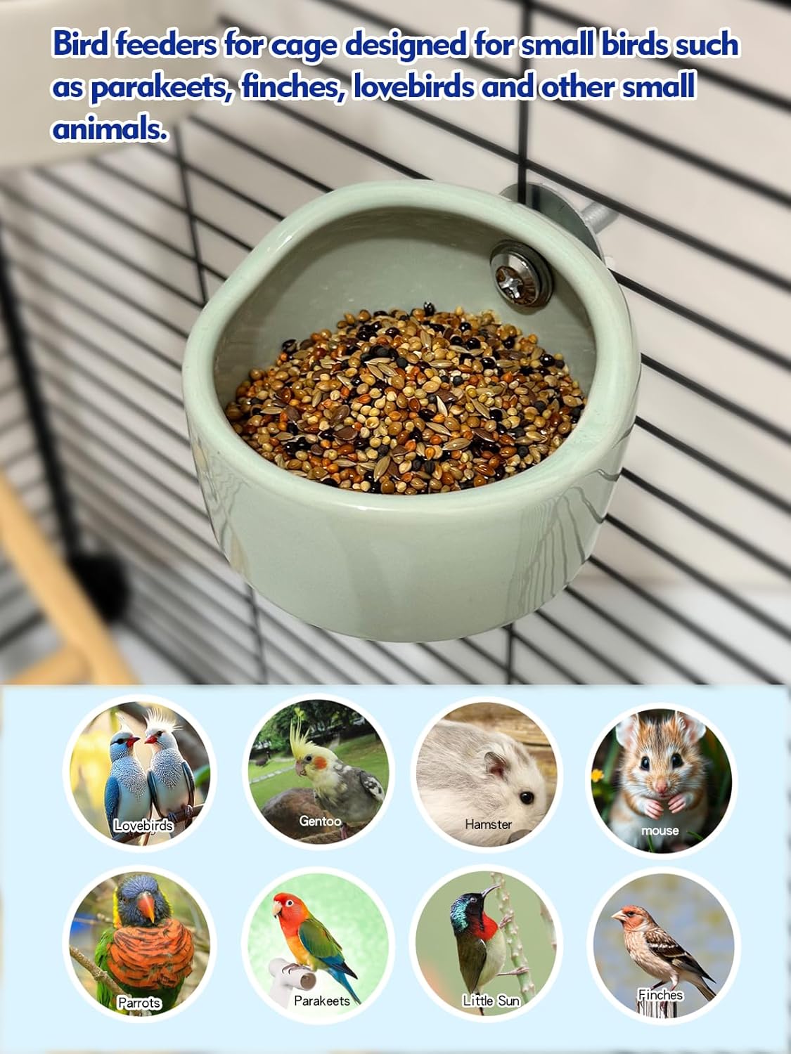 2PCS Birds Feeding Dish Cups Ceramic Bird Cage Food Bowls, Bird Cage Feeder Hanging Parrot Food Bowl for Budgie Finches Lovebirds Cockatiels (Green)