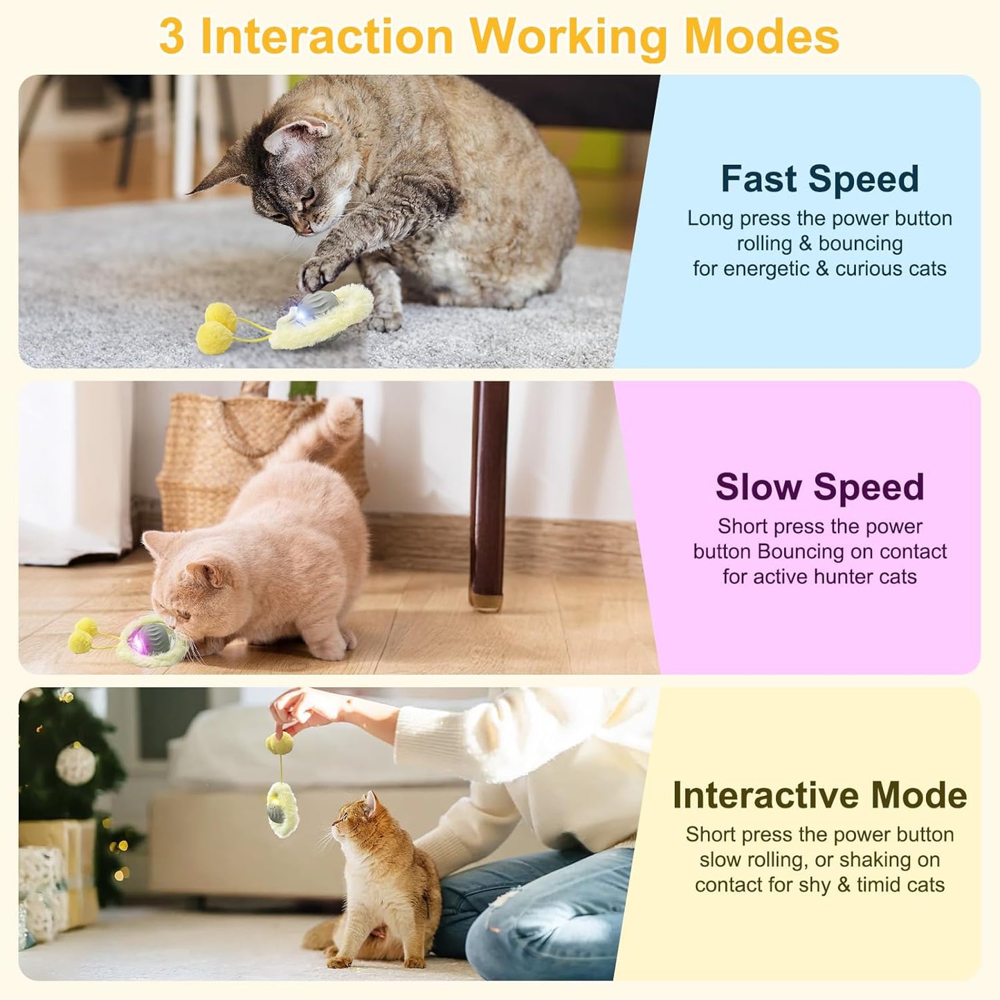 Interactive Cat Toys for Indoor Cats, Automatic Motion Cat Toy in Pouch Fast Rolling Ball in Play Mat Hide and Seek Mouse Catching Game with Chirping Stimulation,Led Light,Auto On/Off(Yellow)